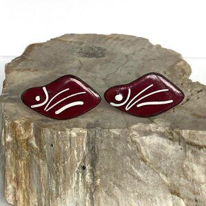 Vintage Modernist Copper Red White Enamel Fish Cuff Links READ DESCRIPTION